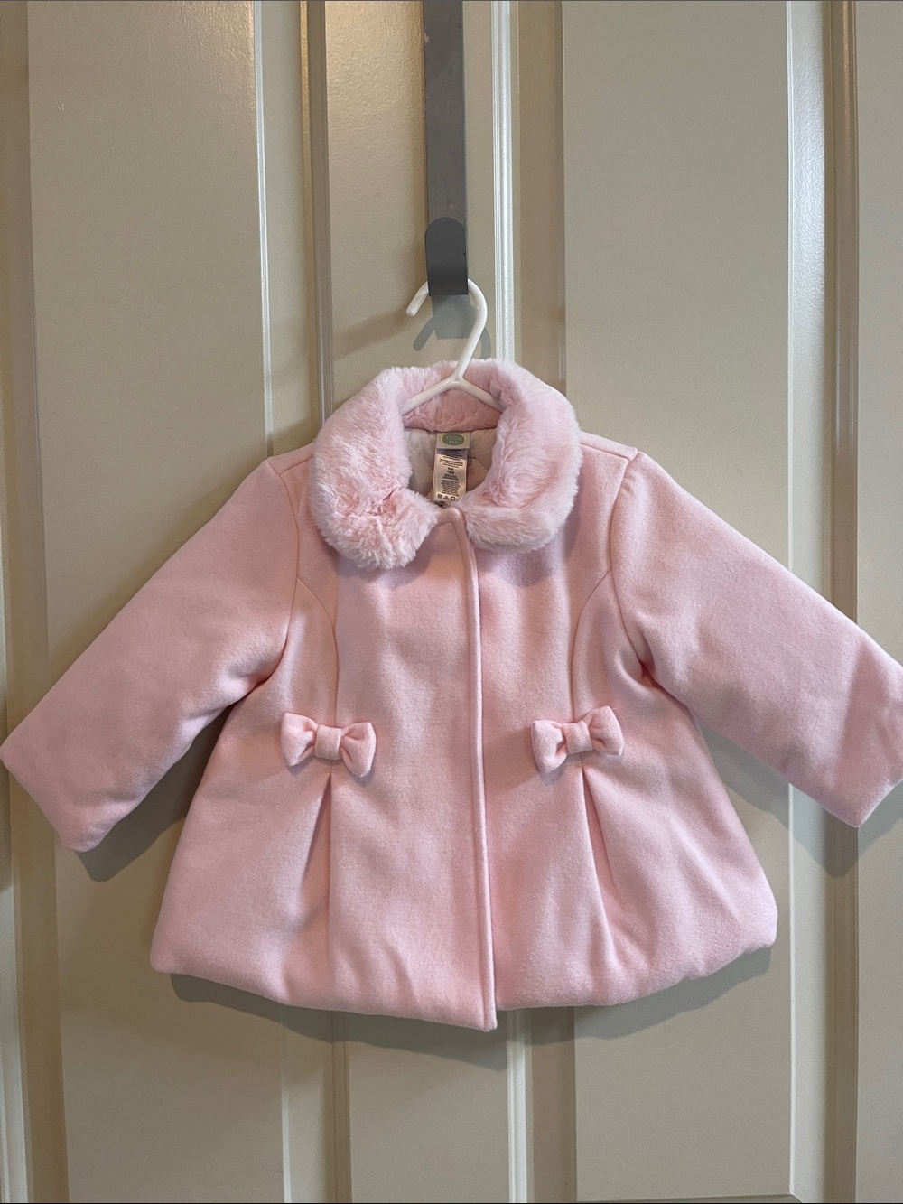Little Me Pale Pink Faux Fur Collar Pea Coat with Bows - Picture 4 of 7
